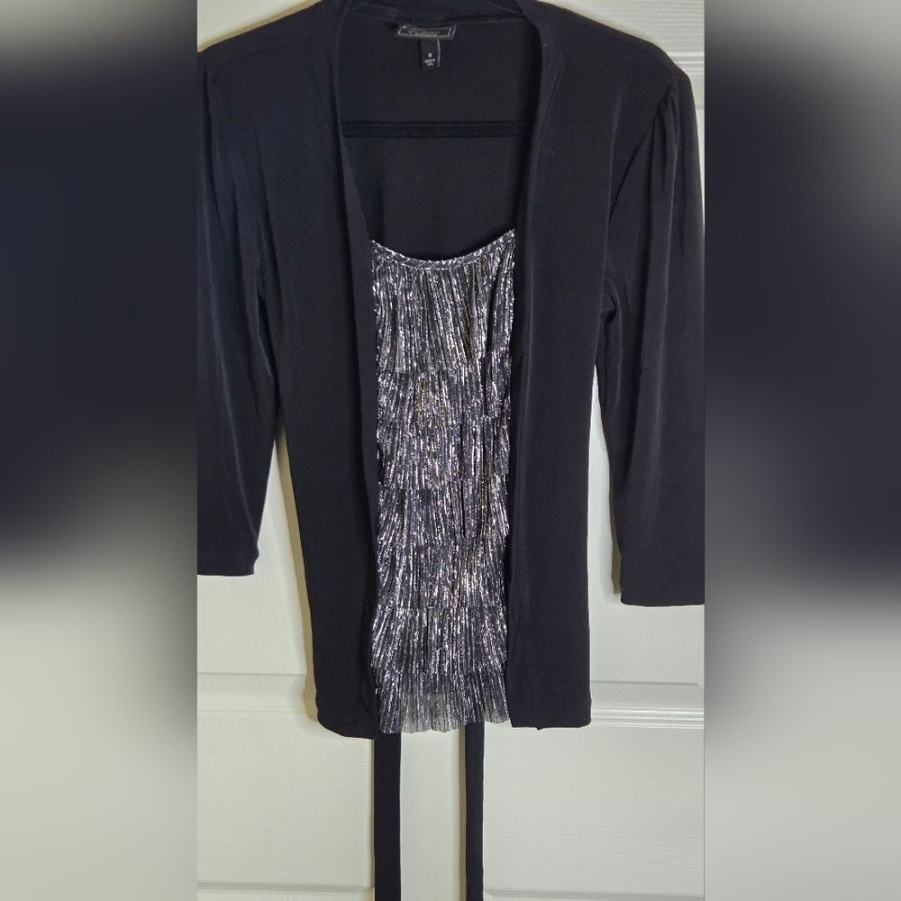 Dressbarn Collection M Black/Silver MetalicFringeCenter Belt 3/4Slv Women Blouse